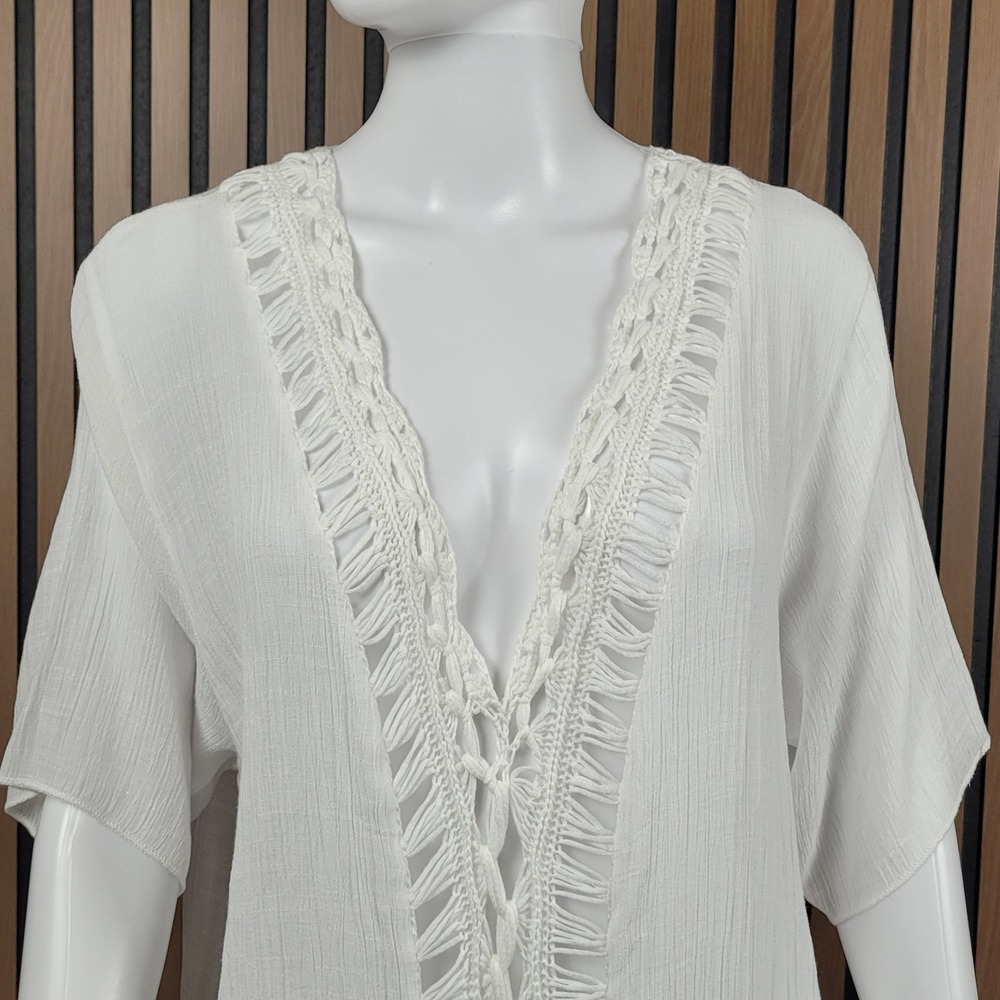 White Swim Cover Up Dress Crochet Lace V-Neck White Midi 0XL - Picture 2 of 9